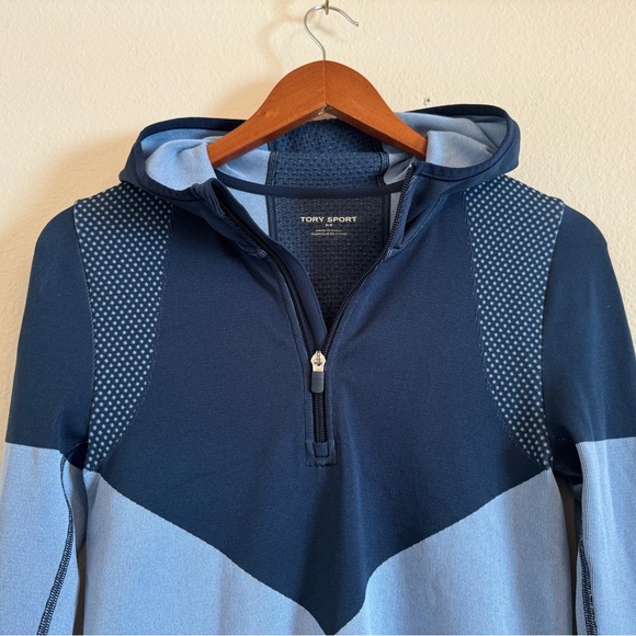 Tory Burch Sport Hoodie Seamless Navy Hooded Zip Pullover Top - Picture 5 of 16